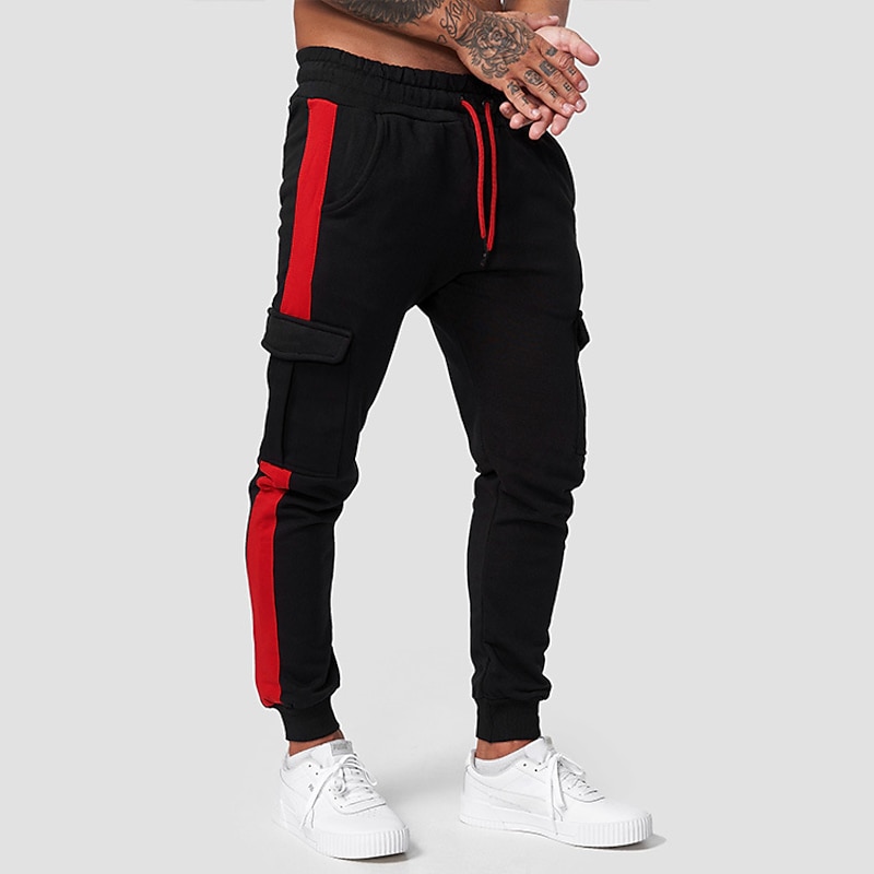 Men's Sweatpants Joggers Drawstring Pocket High Waist Bottoms Athletic Winter Running Walking Jogging Breathable Quick Dry Moisture Wicking Normal Sport Color Block Activewear Black+Gray Black Red4