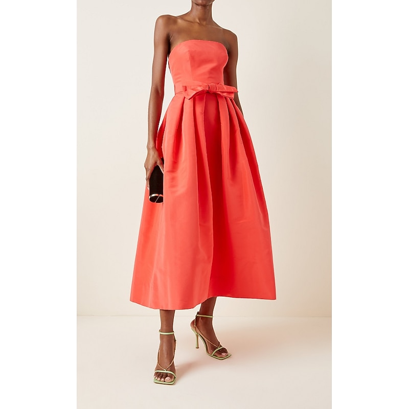 A-Line Cocktail Dresses Minimalist Dress Wedding Guest Homecoming Tea Length Sleeveless Strapless Satin with Sash / Ribbon Pure Color Derby Dresses