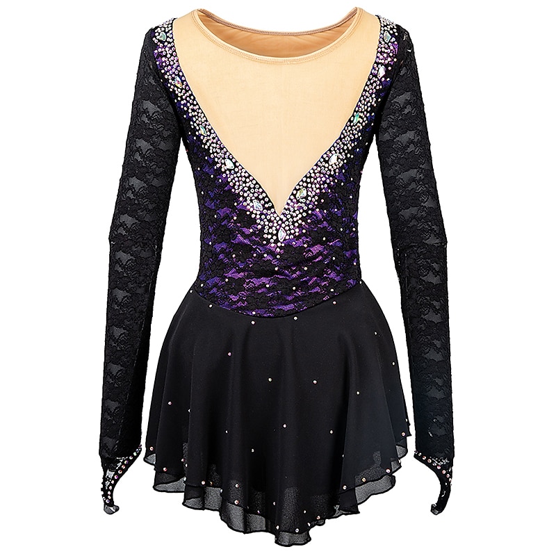 Figure Skating Dress Women's Girls' Ice Skating Dress Outfits Yellow & Yellow Black Dark Red Open Back Mesh Spandex High Elasticity Training Practice Competition Skating Wear Solid Colored Classic4