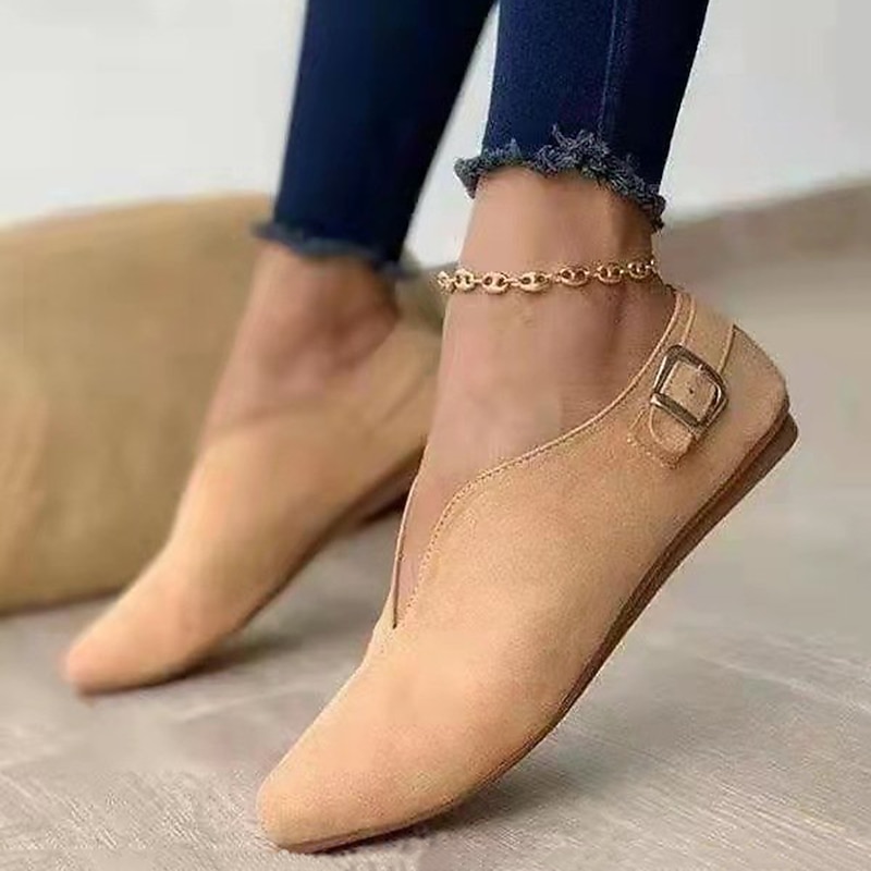 Women's Beige Suede Pointed-Toe Flats with Buckle Strap - Casual Slip-On Shoes for Everyday Wear