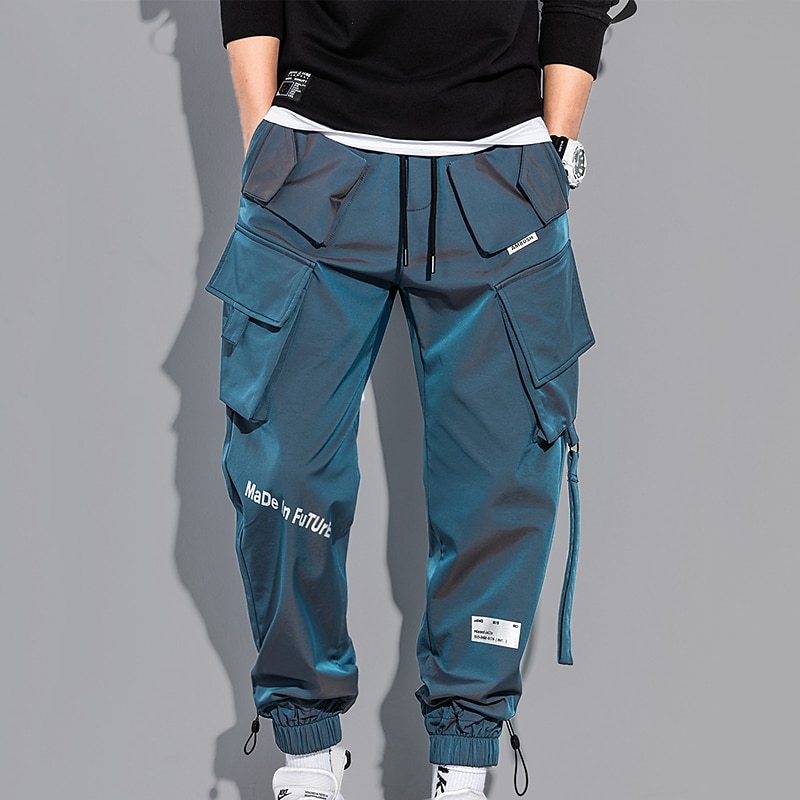 Men's Cargo Pants Cargo Trousers Joggers Trousers Techwear Elastic Waist Drawstring Flap Pocket Plain Soft Outdoor Casual Daily Fashion Streetwear Black Blue3