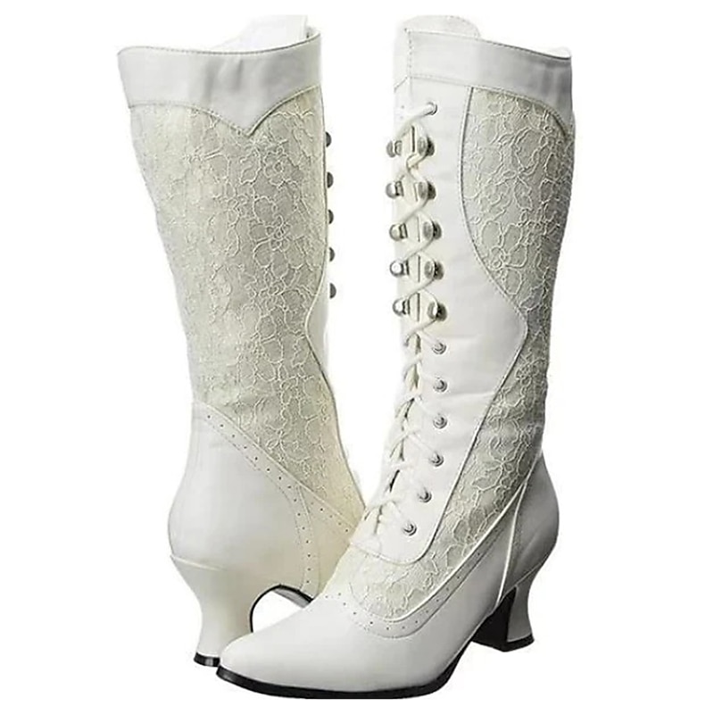 White Women's Victorian-Style Lace-Up Boots with Lace Details and Mid Heels for Elegant and Vintage Wear3
