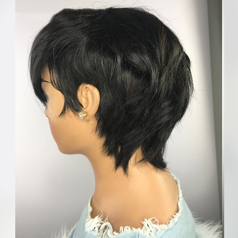 Black Color  Short Human Wigs With Bangs Non Lace Brazilian Hair Pixie Cut Wig For Black Women Machine Made Human Hair Bob Wig3