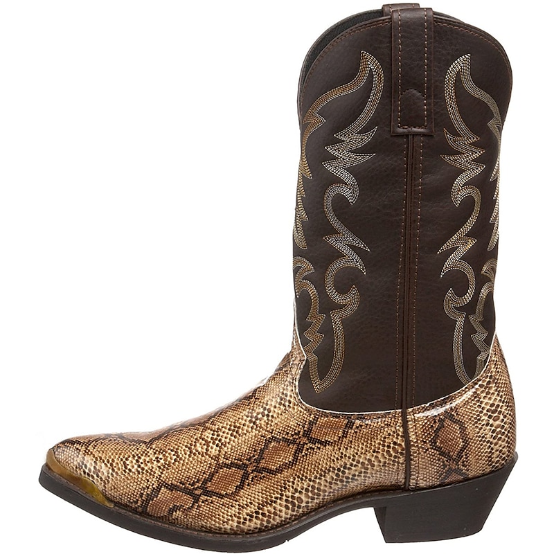 Men's Brown Western Cowboy Boots with Snake Print and Embroidered Design - Stylish and Durable for Outdoor Wear4