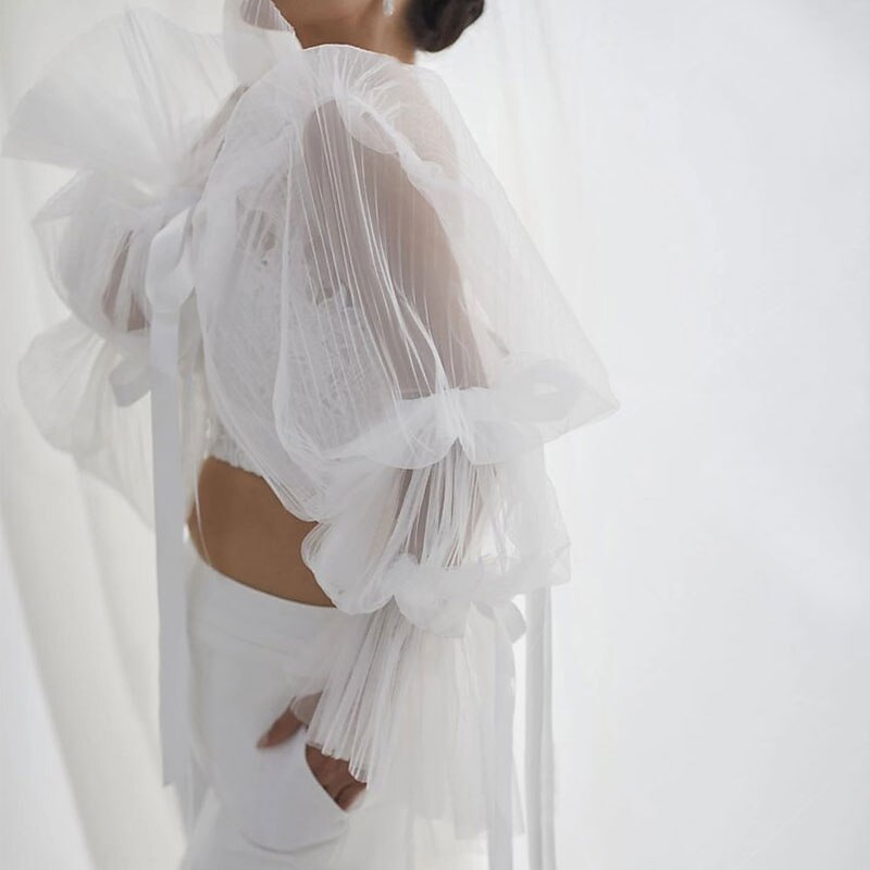 Ivory Shawl & Wrap Women's Wrap Puff Long Sleeve Lace Wedding Wraps With Ribbon Tie For Party Evening Spring & Summer3