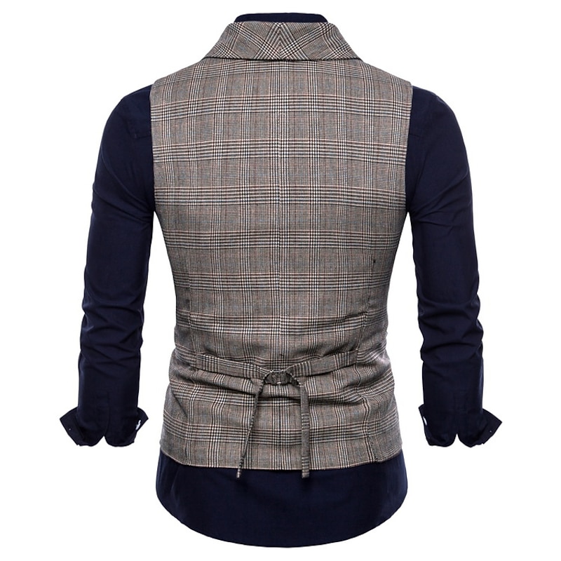 Men's Vest Waistcoat Business Wedding Party Active Smart Casual Spring Fall Polyester Plaid Double Breasted Shirt Collar Slim Brown Light Grey Dark Gray Vest3