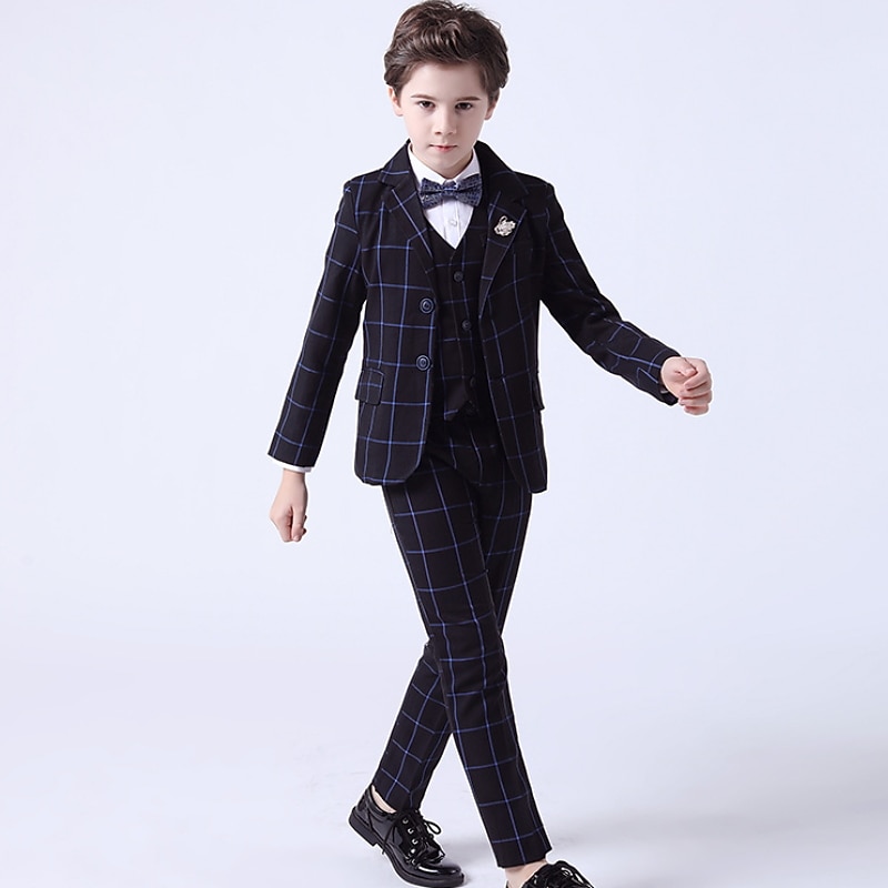 3 Pieces Ring Bearer Suit Boys' Kids Suit Formal Suit Suit & Blazer Formal Set Tank & Pants Party Special Occasion Basic Gentle Plaid Black Light Blue Cotton4
