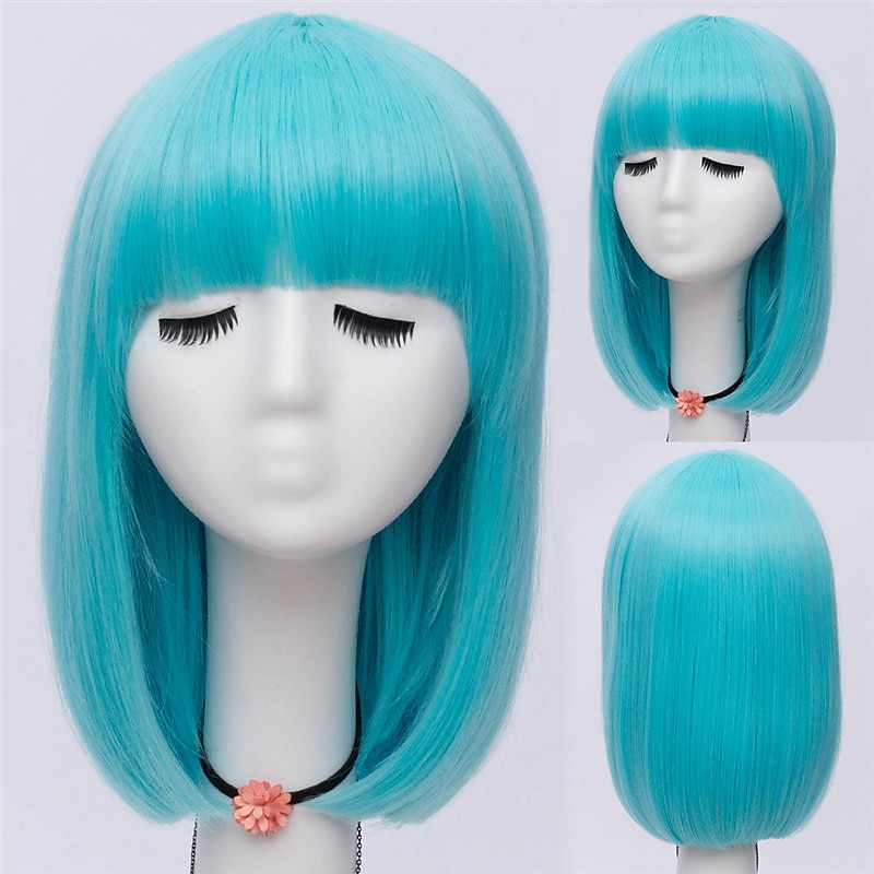 Women Orange Short Cosplay Wig with Bangs BOb Hairstyle Heat Resistant Fiber Synthetic Straight Hair Halloween Wigs