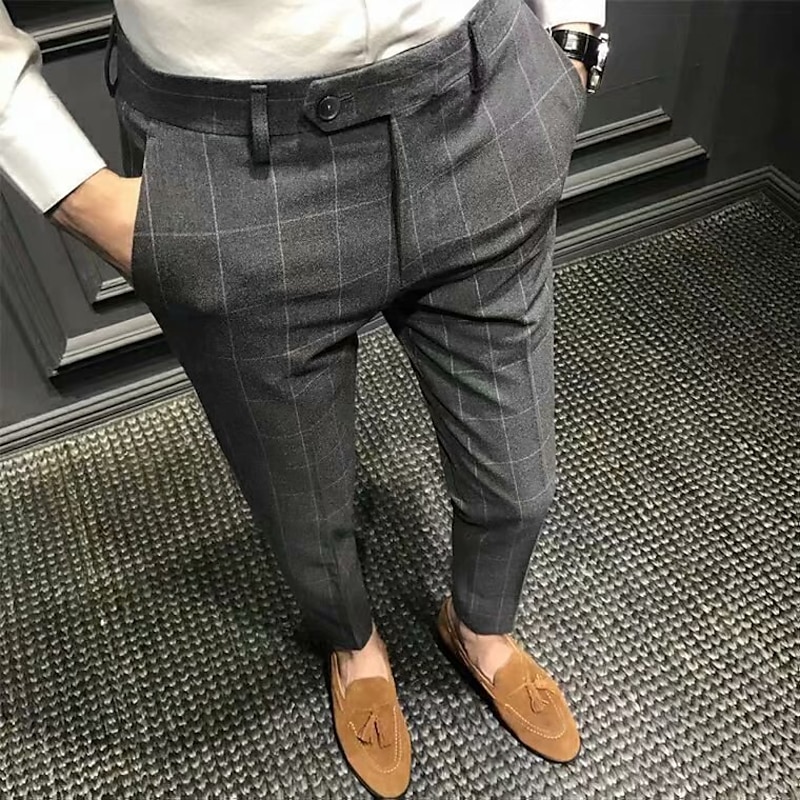 Men's Trousers Chinos Pencil Pants Plaid Dress Pants Suit Pants Pocket High Rise Lattice Breathable Soft Business Casual Daily Vintage Elegant Black Gray