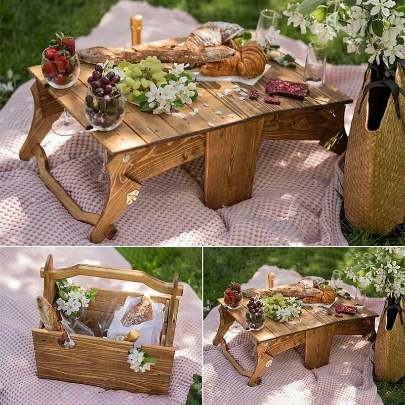 Wooden Outdoor Folding Picnic Basket Table,Portable Wooden Outdoor Picnic Wine Table Folding Beach Table Snack Cheese Tray, For Picnic Outdoor On The Beach Park Or Indoor2