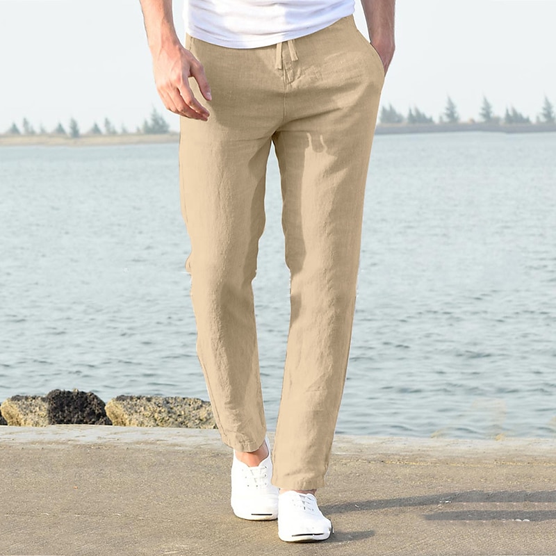 Men's Linen Pants Trousers Summer Pants Beach Pants Casual Pants Drawstring Elastic Waist Plain Lightweight Breathable Full Length Yoga Casual Daily Basic Black White2