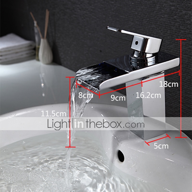 Bathroom Sink Faucet with Supply Hose,LED Waterfall Spout Single Handle Single Hole Vessel Lavatory Faucet,Slanted Body Basin Mixer Tap4