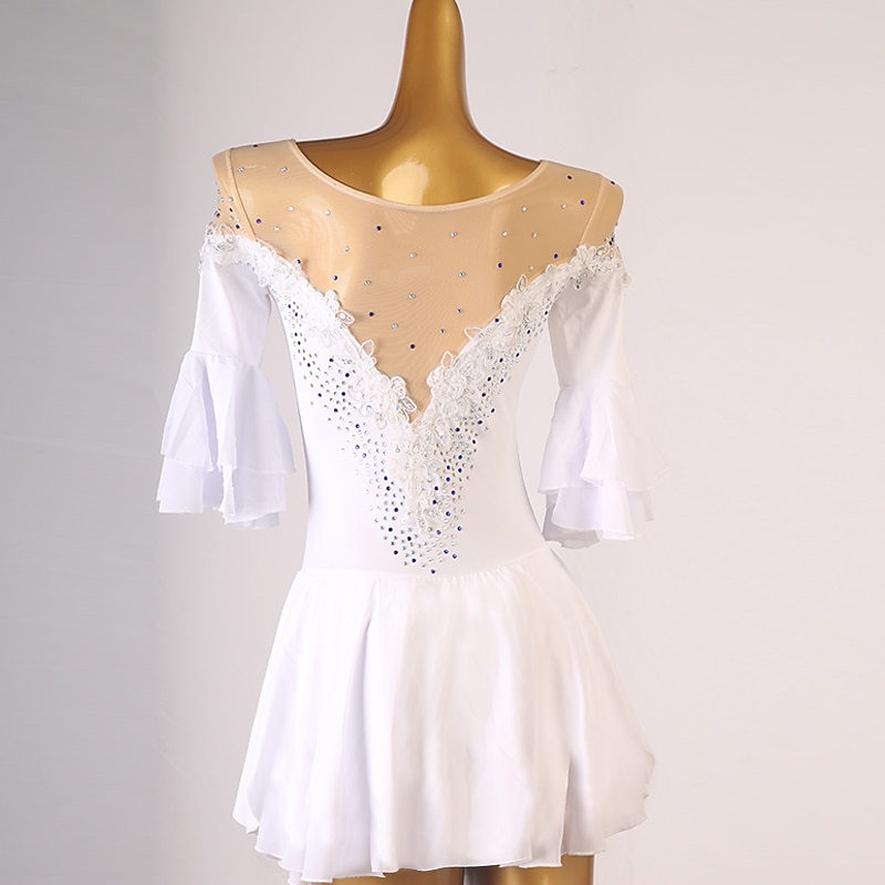 Figure Skating Dress Ruffles Crystals / Rhinestones Women's Girls' Training Performance Half Sleeve High Mesh Spandex4
