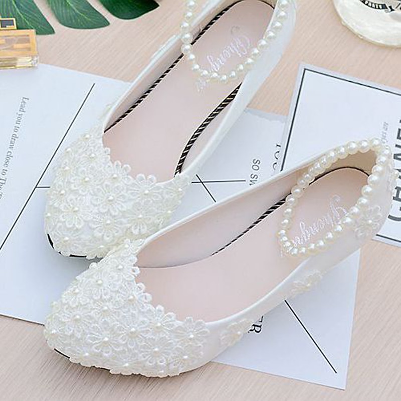 Women's White Wedding Heels – Lace Floral Pearl Decorated Bridal Shoes with Low Heel for Brides4