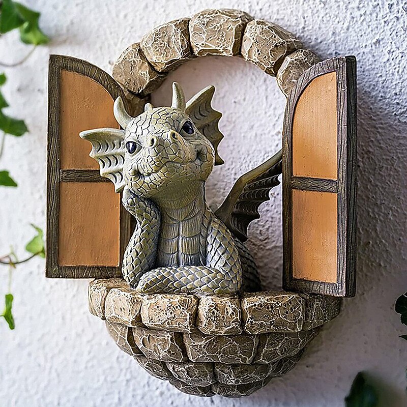 Dinosaur Sculpture Wall Decoration Weatherproof Resin Statue Miniatures for Patio Yard Garden Wall Decoration Lovely Dragon Garden Ornaments