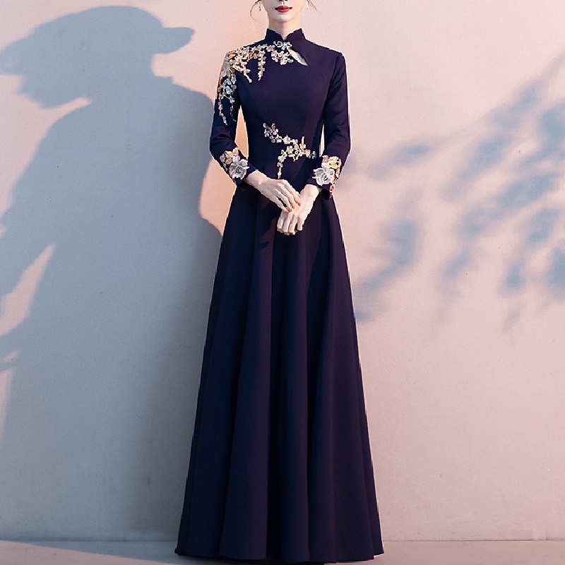 A-Line Mother of the Bride Dress Elegant Simple High Neck Floor Length Stretch Fabric Long Sleeve with Pleats Appliques free custom size