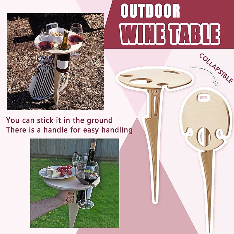 Outdoor Wine Table, Folding Wine Table Stake, Outdoor Wine Picnic Table, Portable Wine Glasses & Bottle Holder, Snack and Cheese Holder Tray for Backyard Camping, Beach, Wood Wine Rack2