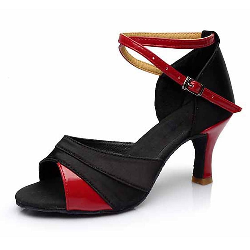 Women's Black Red Latin Dance Shoes, Peep - Toe High - Heel Dance Sandals with Ankle Strap for Stylish Performances