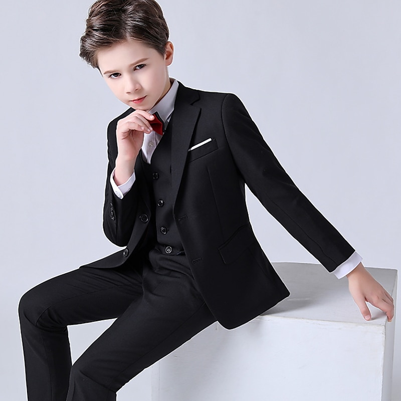 4 Pieces Ring Bearer Suit Boys' Kids Suit & Blazer Formal Set Blazer & Vest & Pants & Shirt & Tie Clothing Set Party Special Occasion Birthday Fashion Gentle Solid Color Black Dusty Blue Viscose