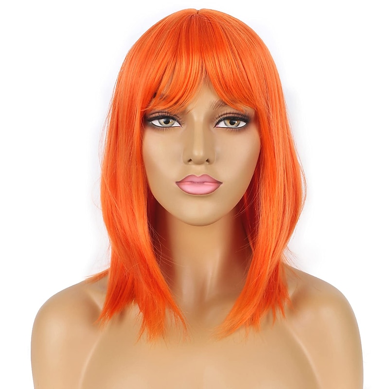 Short Bob Wigs with Bangs Orange Straight Shoulder Length Synthetic Wig for Women Heat Resistant Wig for Party Daily Wear (Orange) Halloween Wigs2