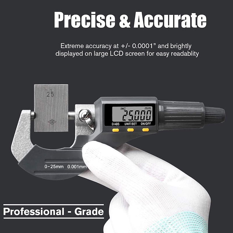 Digital Micrometer Professional Inch/Metric Thickness Measuring Tools 0.00005/0.001 mm Resolution Thickness Gauge Protective Case with Extra Battery