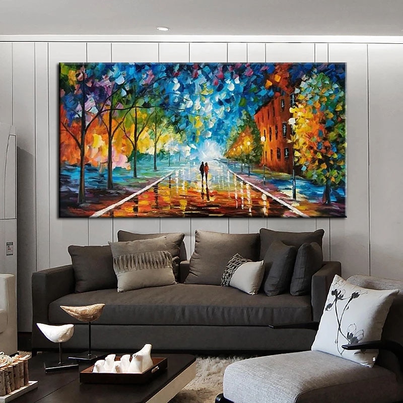 Oil Painting Handmade Hand Painted Wall Art Abstract Rain Street Tree Lamp Knife Landscape Home Decoration Decor Rolled Canvas No Frame Unstretched4