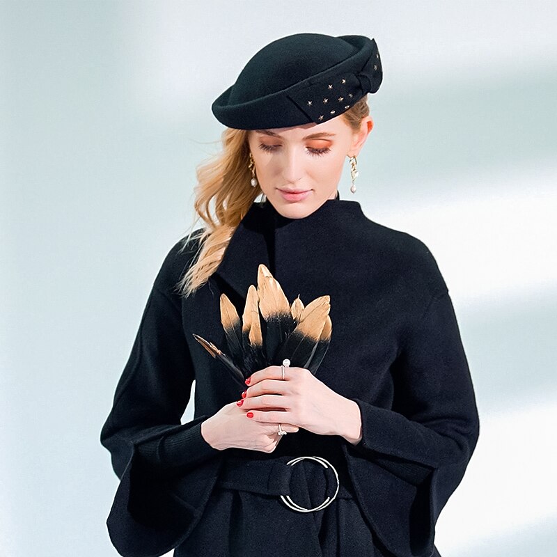 Headwear 100% Wool Beret Hat Bucket Hat Special Occasion Party / Evening Kentucky Derby Cocktail Royal Astcot Fashion Elegant With Bowknot Rivet Headpiece Headwear4