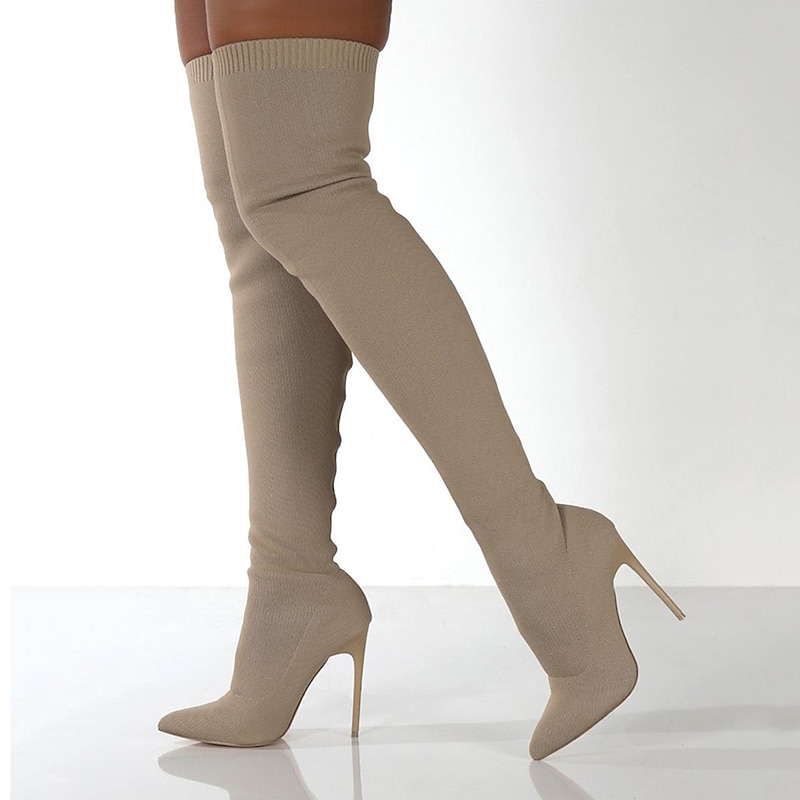 Women's Over-the-Knee Stiletto Boots with Stretch Fabric, Sleek Thigh-High Style for Evening Wear and Club Outfits4