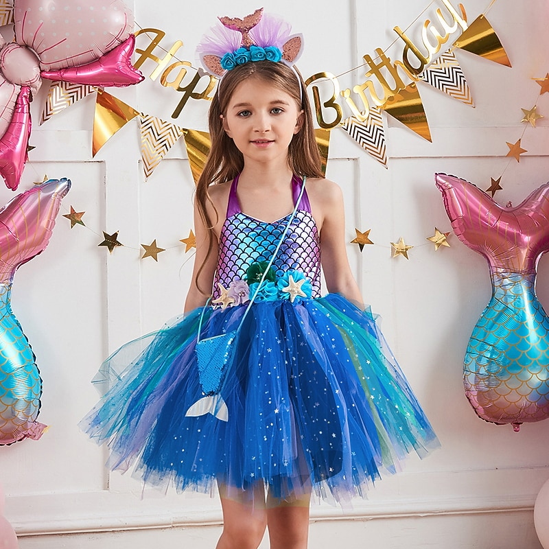 Kids Girls' Dress Mermaid colour Sleeveless Performance Birthday Ruched Mesh Cute Costume Polyester Above Knee Strap Dress A Line Dress Tulle Dress Summer Fall 3-10 Years White Royal Blue Blue