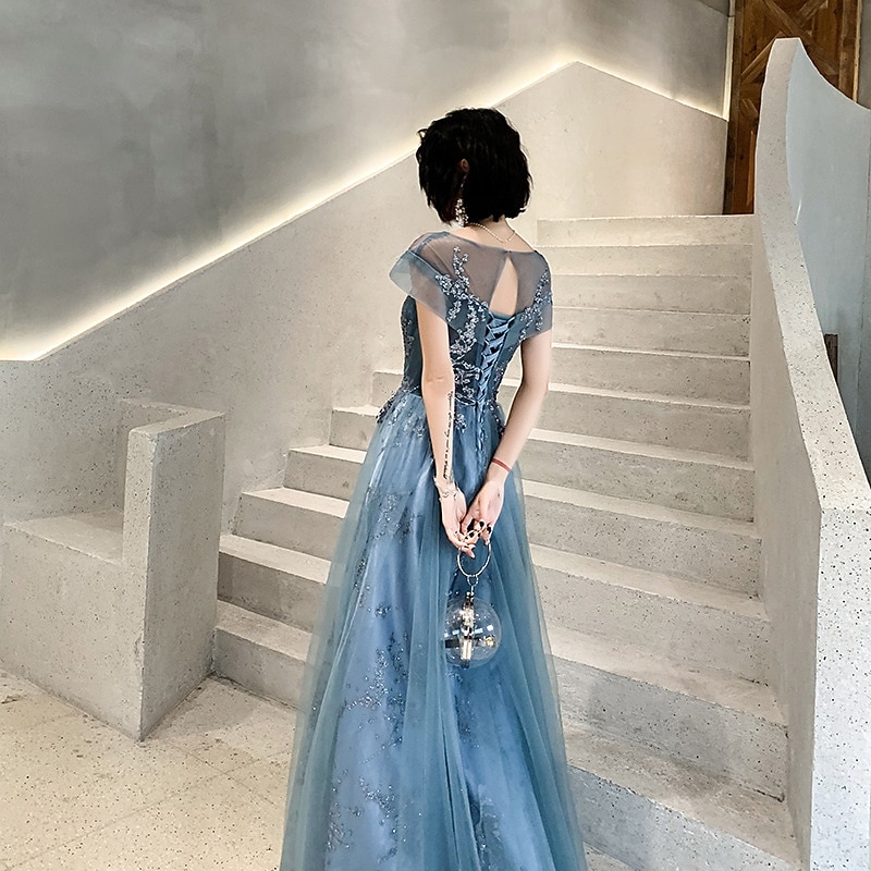 A-Line Prom Dress Wedding Guest Elegant Jewel Neck Floor Length Tulle Short Sleeve with Pleats Appliques free custom size4