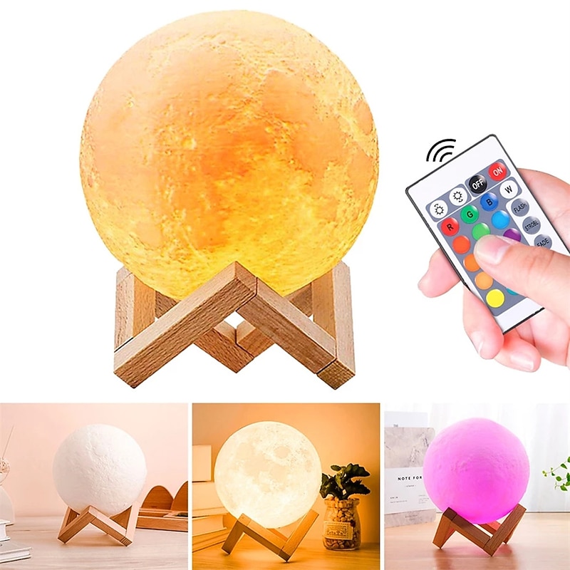 3D Moon Lamp 3/16 Colors LED Night Light 3D Printing Moon Light with Wooden Stand & Touch Control and USB Rechargeable Bedrooms Decorative Lamps for Friends Lover Birthday Gifts For Girls3