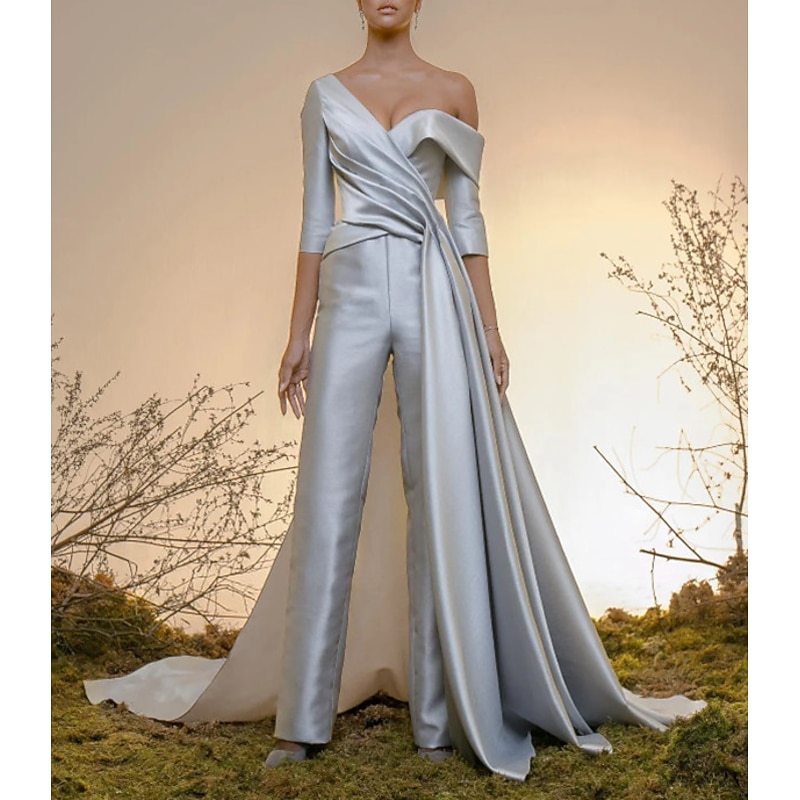 Jumpsuits Elegant Dress Engagement Formal Evening Court Train Half Sleeve Off Shoulder Satin with Pleats Overskirt