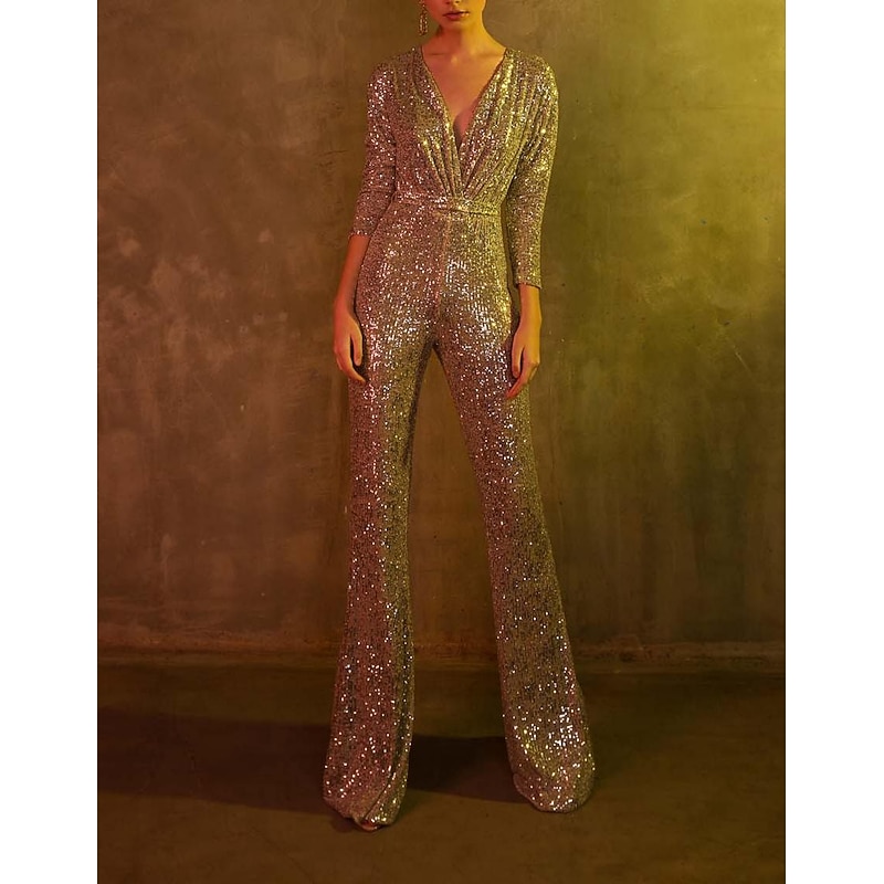 Jumpsuits Glittering Dress Wedding Guest Prom Floor Length 3/4 Length Sleeve V Neck Sequined with Sequin