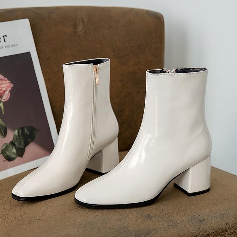 Women's White Patent Leather Ankle Boots - Sleek Side-Zip Design with Block Heels, Perfect for Elegant Evening Wear or Casual Chic Outfits4