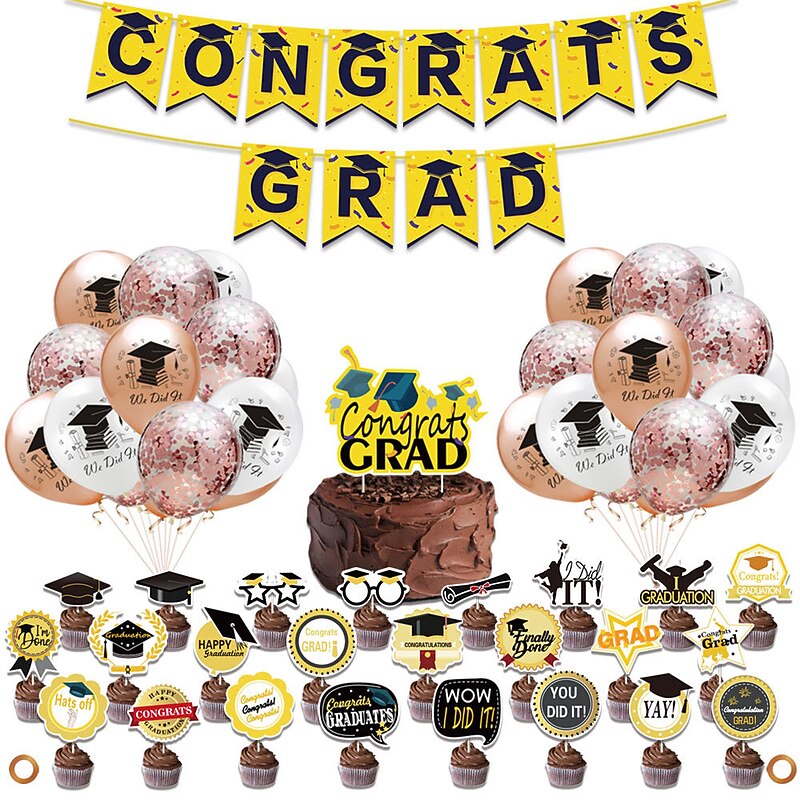 Graduation Party Supplies, Graduation Party Decorations Black and Gold 48pcs, Include Congrats Grad Banner Grad Black Gold Latex Balloons Gold Confetti Balloons Graduate Cake Cupcake Topper3