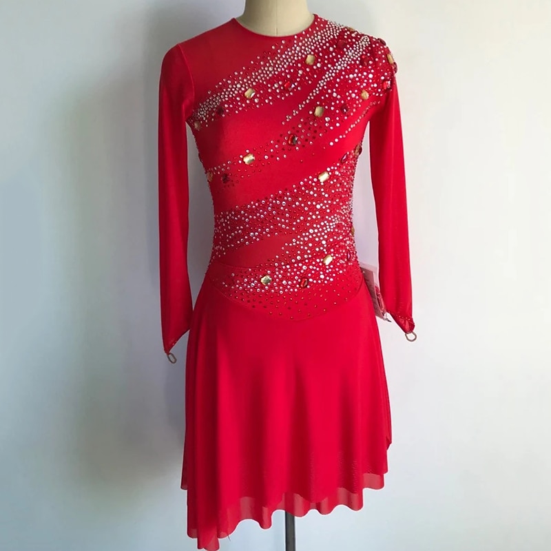 Figure Skating Dress Women's Girls' Ice Skating Dress Outfits Red Open Back Mesh Spandex High Elasticity Competition Skating Wear Handmade Crystal / Rhinestone Long Sleeve Ice Skating Figure Skating