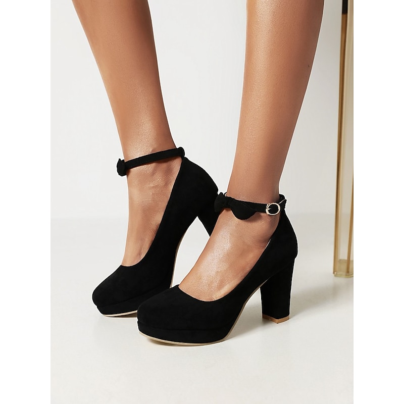 Women's Black Suede Block Heel Dress Shoes with Ankle Strap - Elegant High Heels for Formal Occasions