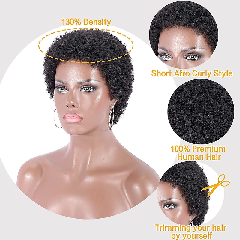 100% Human Hair Short Black Afro Kinky Curly Wigs for Women 130% Natural Color Full Machine Made Hair Human Hair Capless Wigs None Lace Wigs 4 Inch2
