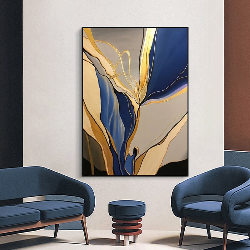 Handmade Oil Painting Canvas Wall Art Decoration Abstract Art Flowing Gold Foil for Home Decor Stretched Frame Hanging Painting