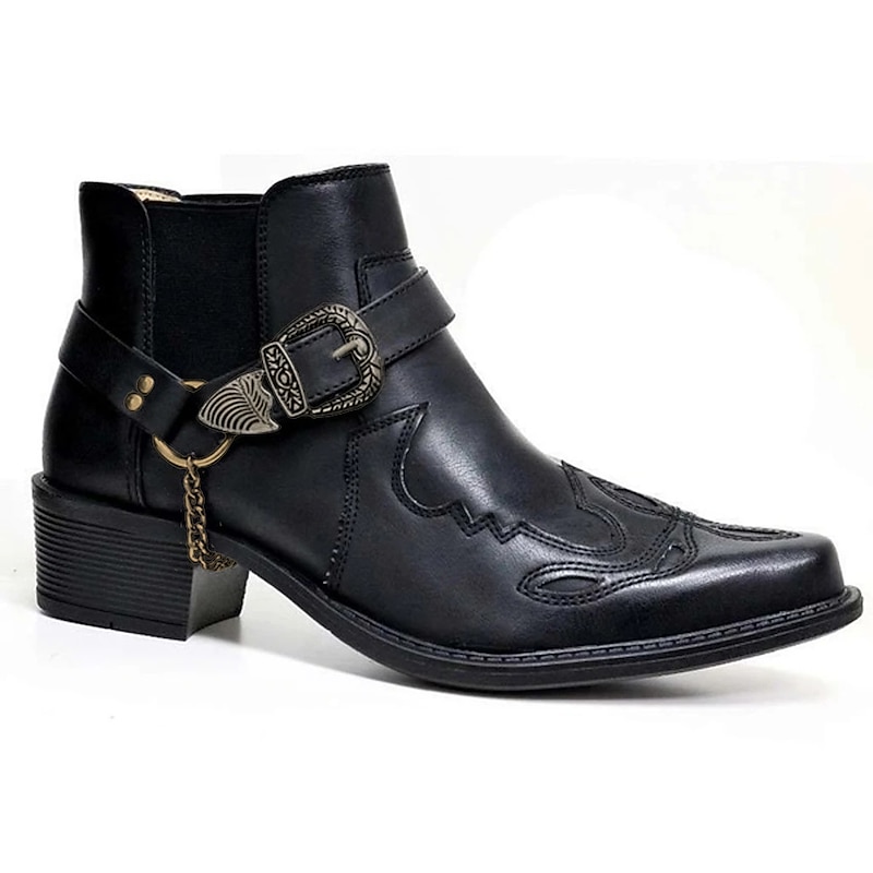 Men's Black Leather Western Motorcycle Boots - Embroidered Design with Metal Buckle and Chain for Biker and Fashion Wear2