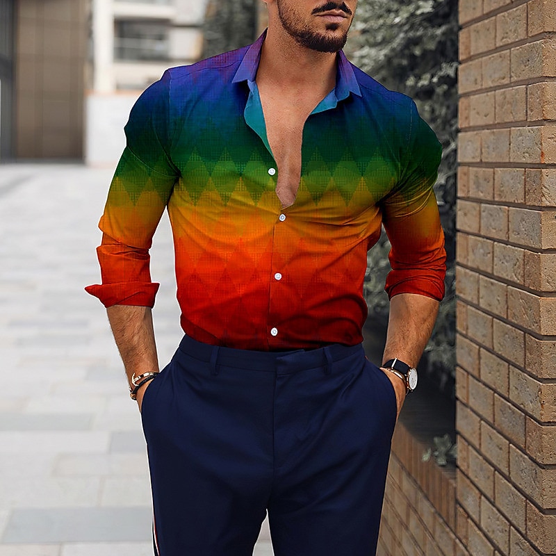 Men's Gradient Geometric Pattern Shirt Button Up Shirt Long Sleeve Fashion Designer Casual Outdoor Casual Holiday Summer Spring Turndown Print Button-Down Blue Purple Rainbow Dark Gray