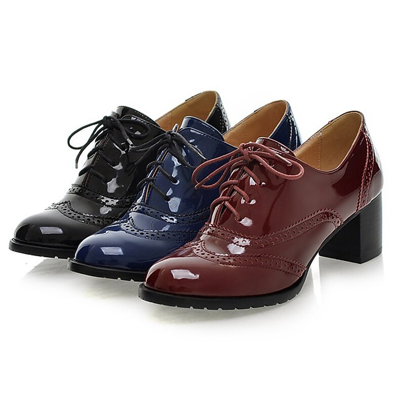 Women's Navy Blue Patent Leather Oxford Shoes – Chunky Heel Brogue Lace-Up Dress Shoes for Office, Vintage Style & Formal Occasions