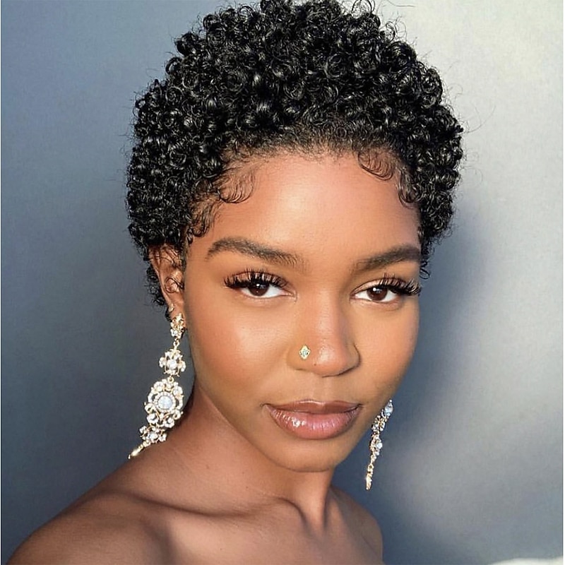 Human Hair Wig Short Afro Curly Pixie Cut Natural Black Women Party Fashion Capless Brazilian Hair Women's Black Vacation Party / Evening Daily