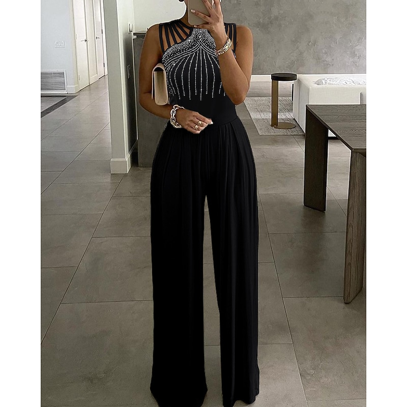 Women's Normal Jumpsuit Elegant Solid Color Sleeveless Wide Leg Crew Neck Beaded Wedding Party Regular Fit Black Wine Blue Summer