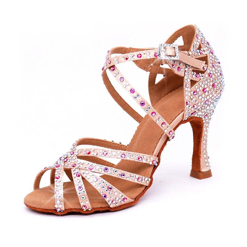 Women's Rhinestone Latin Dance Sandals with Soft Suede Sole – Strappy Ballroom Performance Heels for Salsa, Tango, and Party Events2