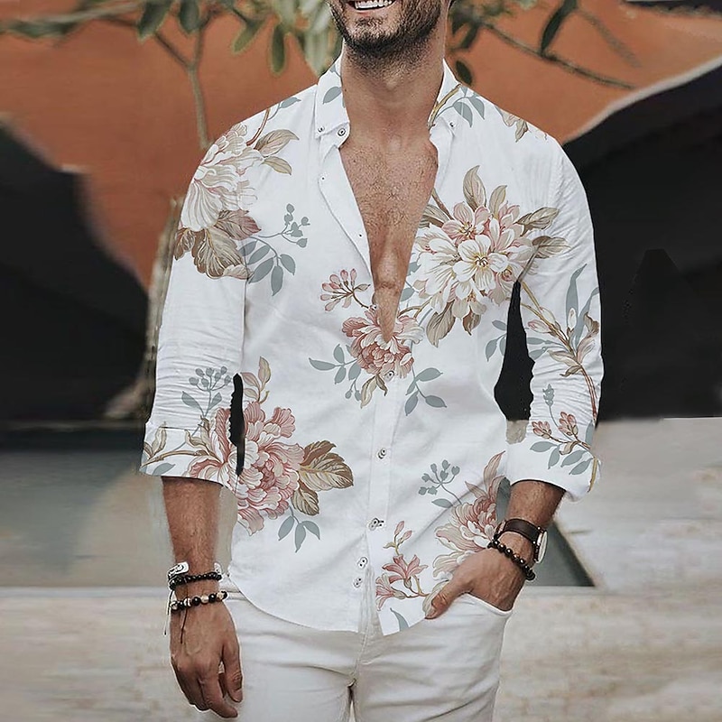 Men's Floral Shirt Button Up Shirt Long Sleeve Fashion Designer Casual Daily Holiday Going out Spring & Summer Turndown 3D Print Button-Down White