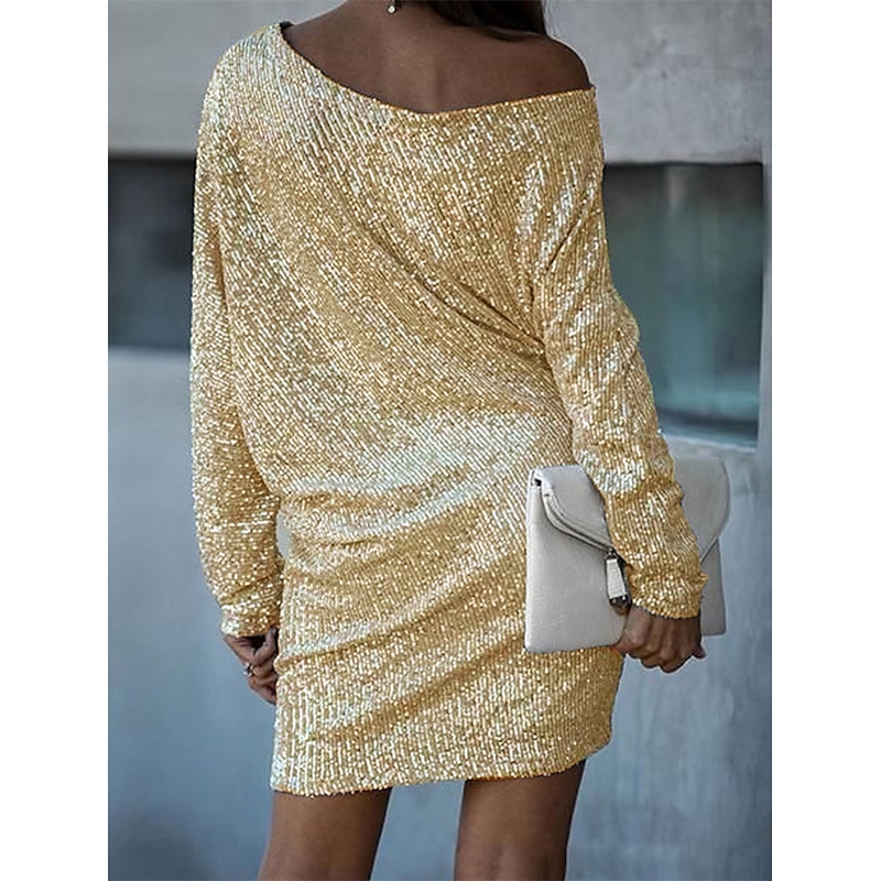 Women's One-Shoulder Asymmetric Knit Dress Silver Sparkle Three-Quarter Sleeve Cocktail Party Above-Knee Elegant Winter Semi-Formal Clothing Apparel2