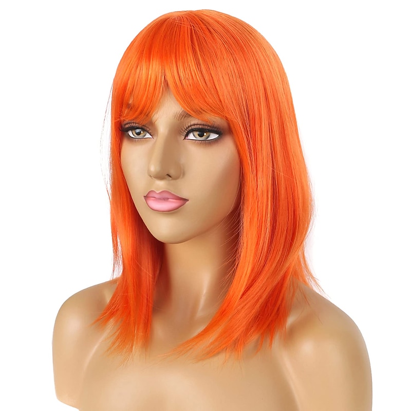 Short Bob Wigs with Bangs Orange Straight Shoulder Length Synthetic Wig for Women Heat Resistant Wig for Party Daily Wear (Orange) Halloween Wigs3