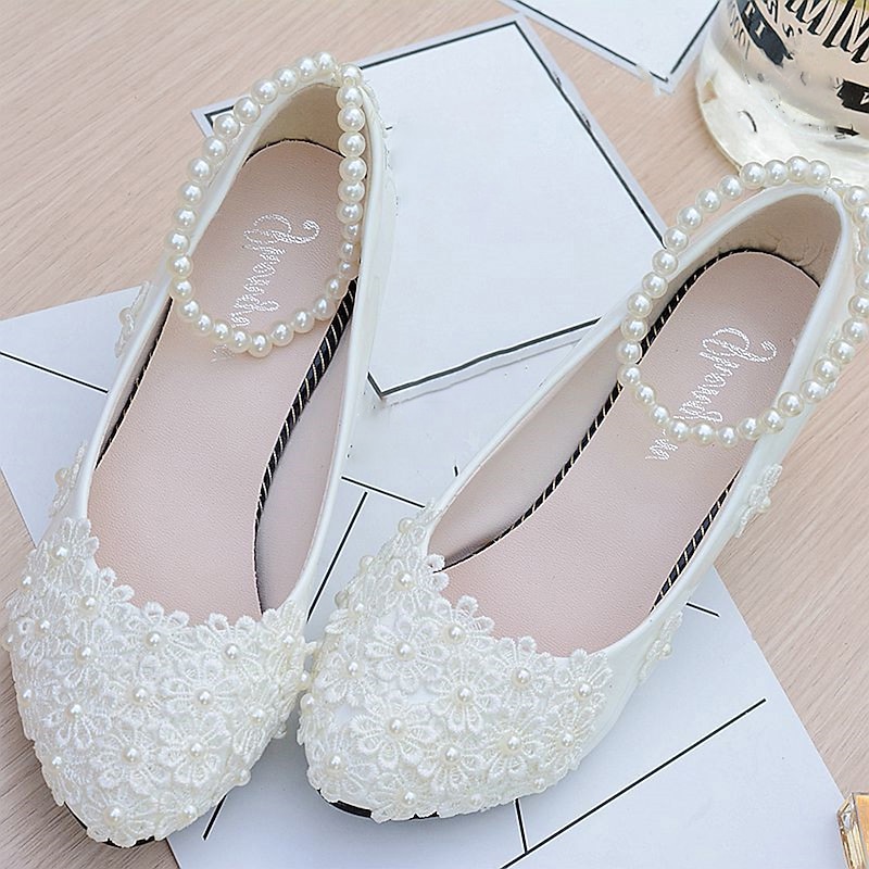 Women's White Wedding Heels – Lace Floral Pearl Decorated Bridal Shoes with Low Heel for Brides2