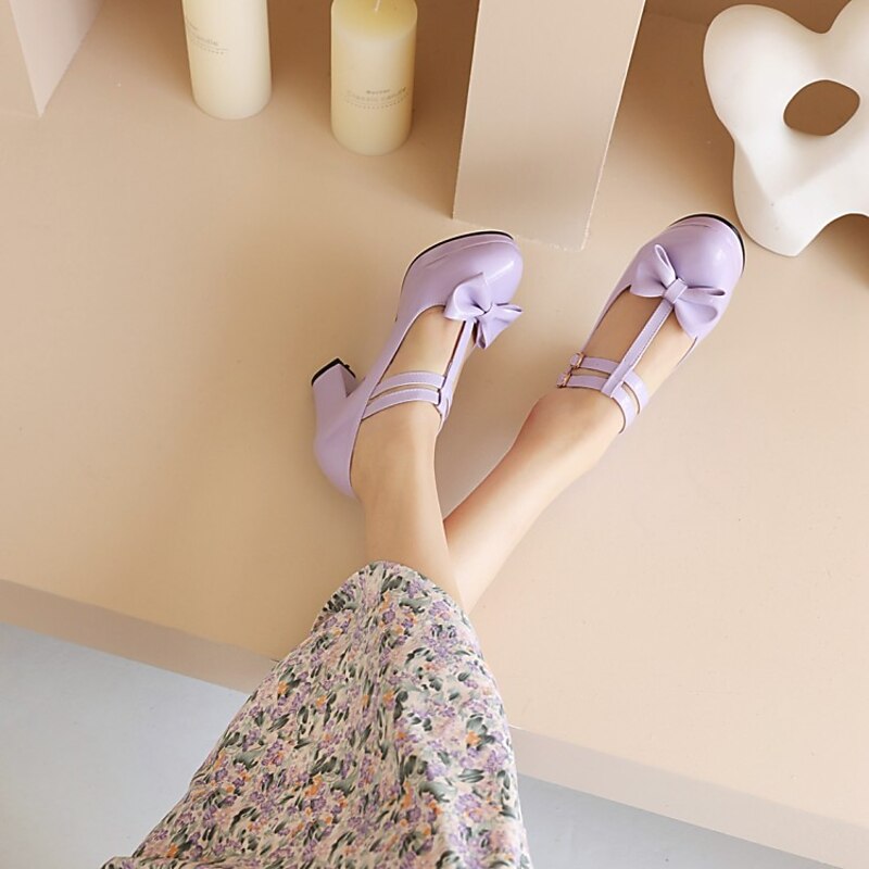 Women's Heels Pumps Valentines Gifts Dress Shoes Mary Jane Daily Solid Colored Bowknot Buckle Low Heel Chunky Heel Round Toe Elegant Minimalism PU Leather PU Ankle Strap Black White Yellow3